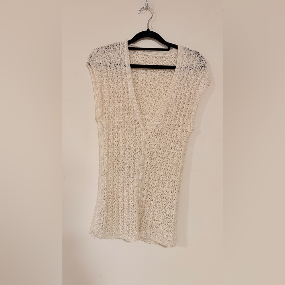 Vintage Cream Open Knit Button Front Sweater Vest Top Cap Sleeve